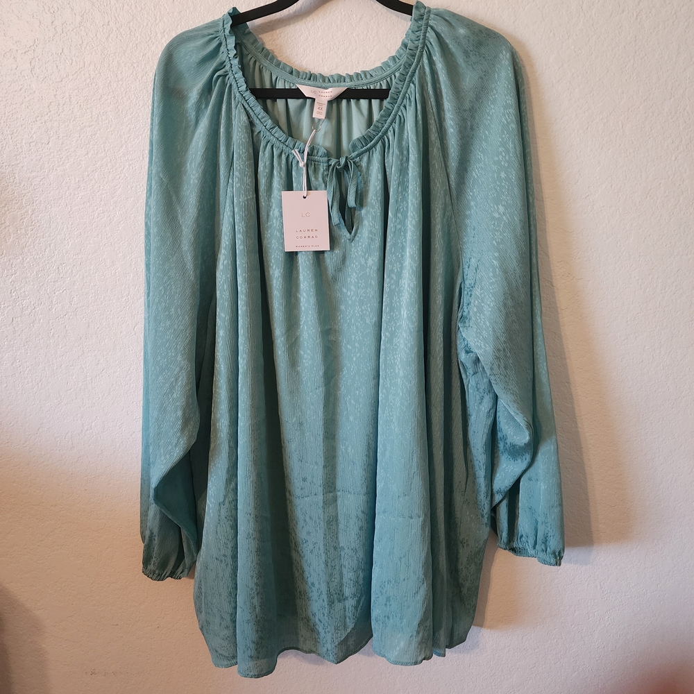 LC Lauren Conrad Teal Blouse with Gathered Neckline